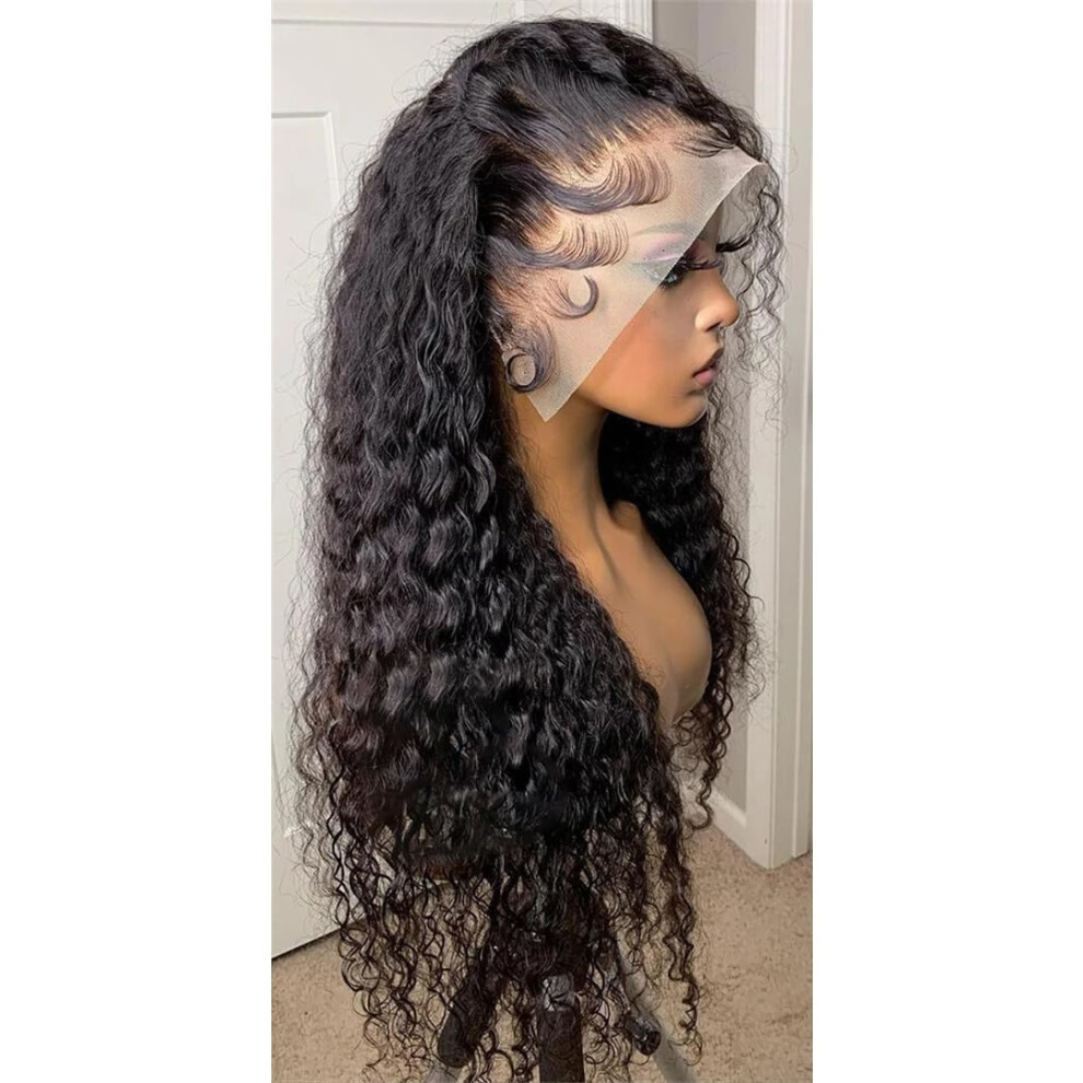 Unisex Curly Lace Front Wig 13X6 Pre Plucked Brazilian Human Hair Deep Wave 32 Inch 150% Density