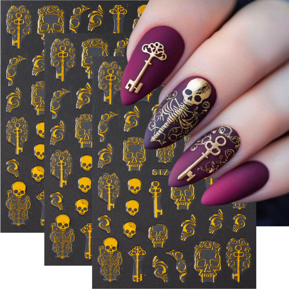 Gold Halloween Nail Stickers 4Pcs Skull And Key 3D Selfadhesive Nail Art Decals For Diy Manicure