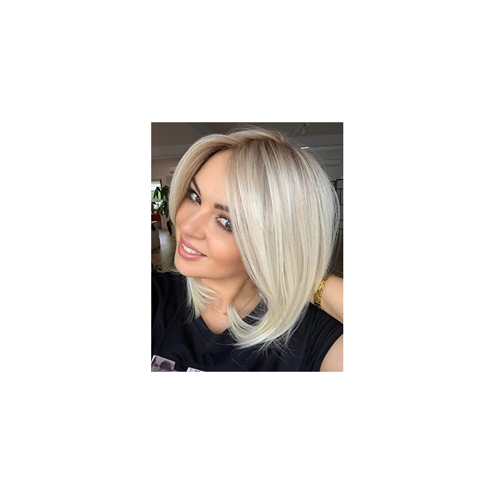 613 Blonde Bob Human Hair Lace Front Wig 10 Inch HD Natural Hairline Balayage Highlights