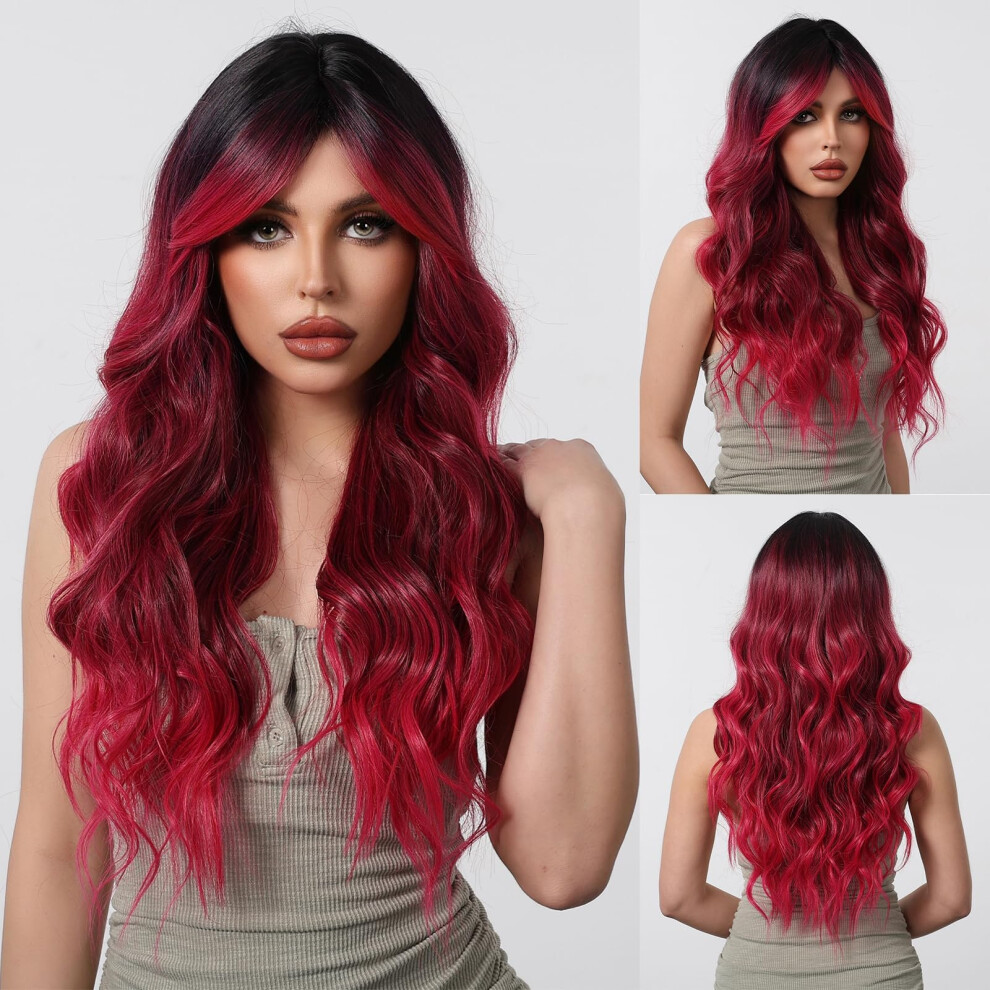 Unisex Red Wig For Women 26 Inch Synthetic Wine With Bangs Natural Wave Dark Roots Heat Resistant