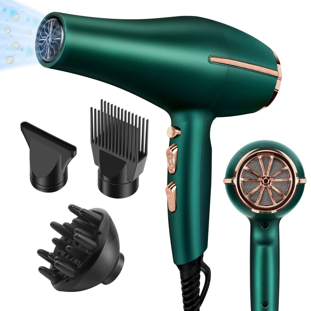 Green Professional Ionic Hair Dryer 2000W Fast Drying Low Noise With Diffuser For Salon Men And Women