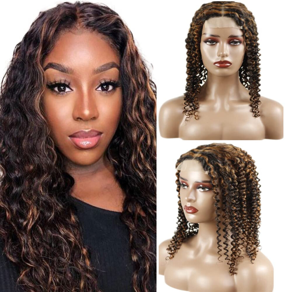 Unisex Brown Highlight Kinky Curly Lace Front Wig Human Hair 16Inch 5X5 Hd Closure 150% Density