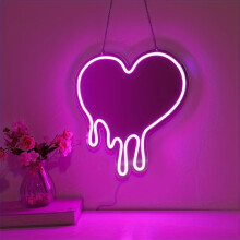 Neon Heart Sign LED Pink Dripping Mirror with Adjustable Brightness USB Powered Wall Decor