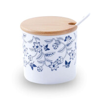Porcelain Sugar Bowl with Lid and Spoon, Blue and White Ceramic Jar for Coffee, Tea and Spices