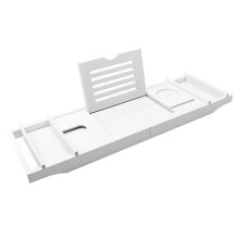 Bamboo Bathtub Caddy Tray with Adjustable Expandable Stand for Book Tablet Wine Glass and Towel Holder, White, Set of 2