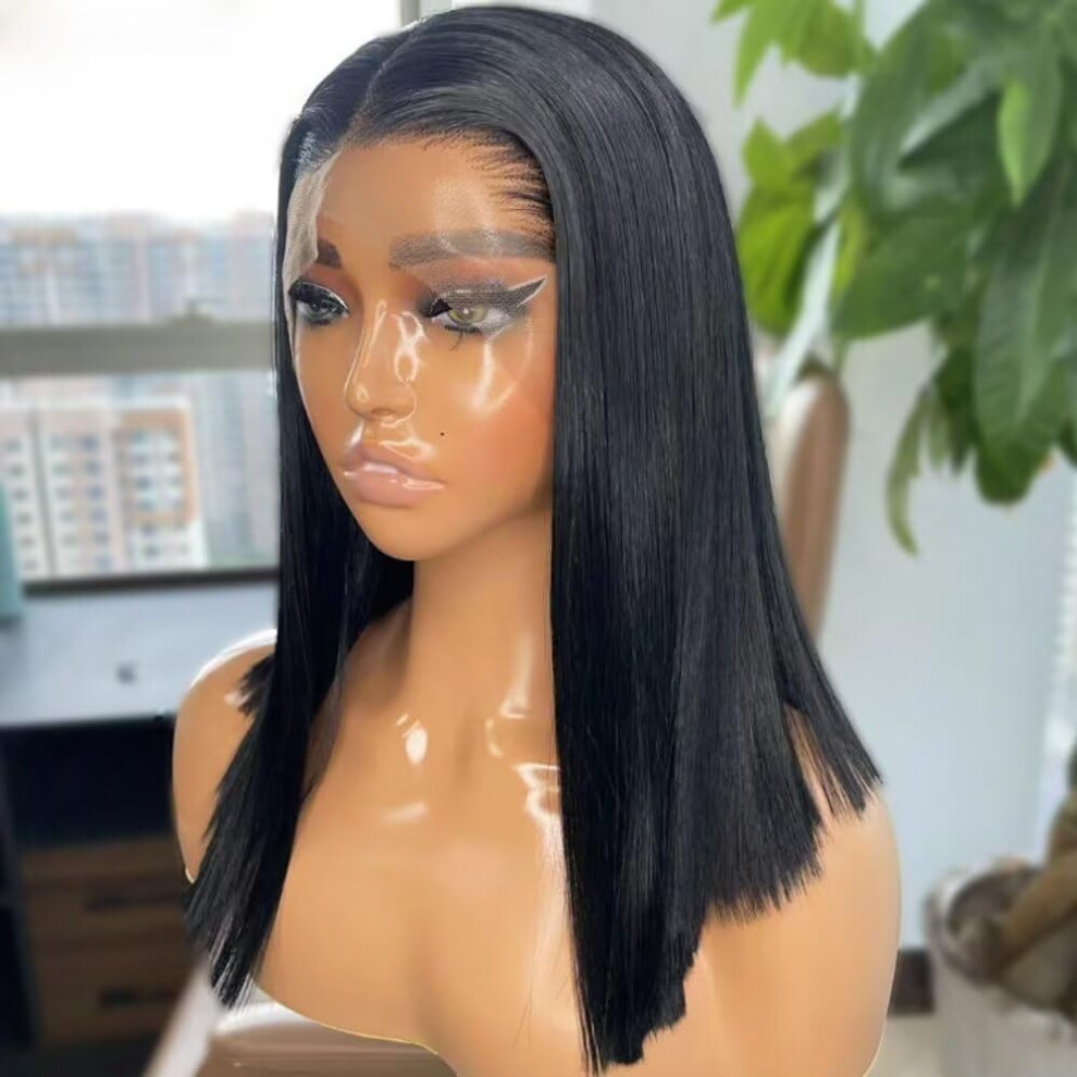 Unisex Black Short Bob Lace Front Wig Human Hair Glueless Pre Plucked Brazilian Hd Lace Natural Hairline