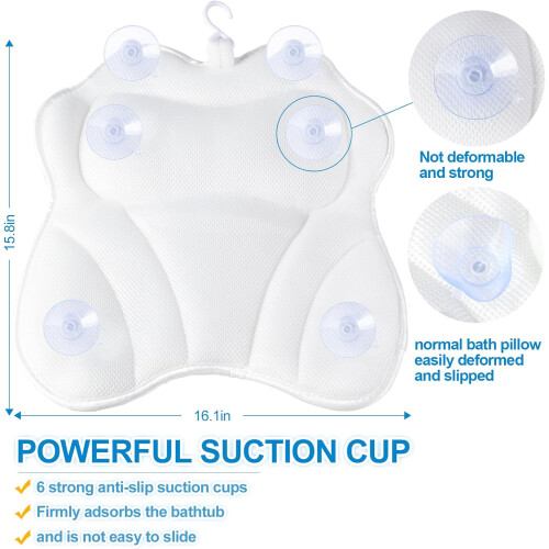 Bath Pillow for Neck and Back Support with 6 Suction Cups, Breathable 4D Mesh, Washable with Bag 2