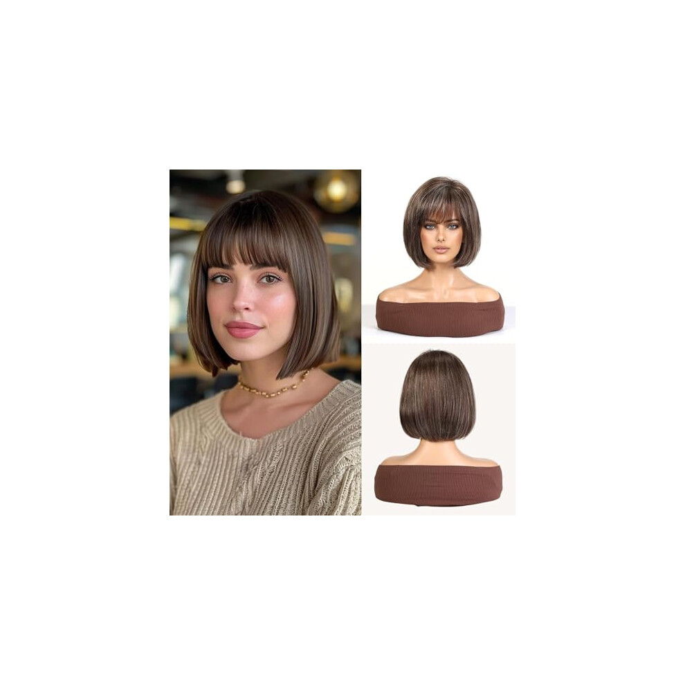 Short Human Hair Blend Wig with Brown Highlights, Elegant Straight Bob, Adjustable Cap for Women