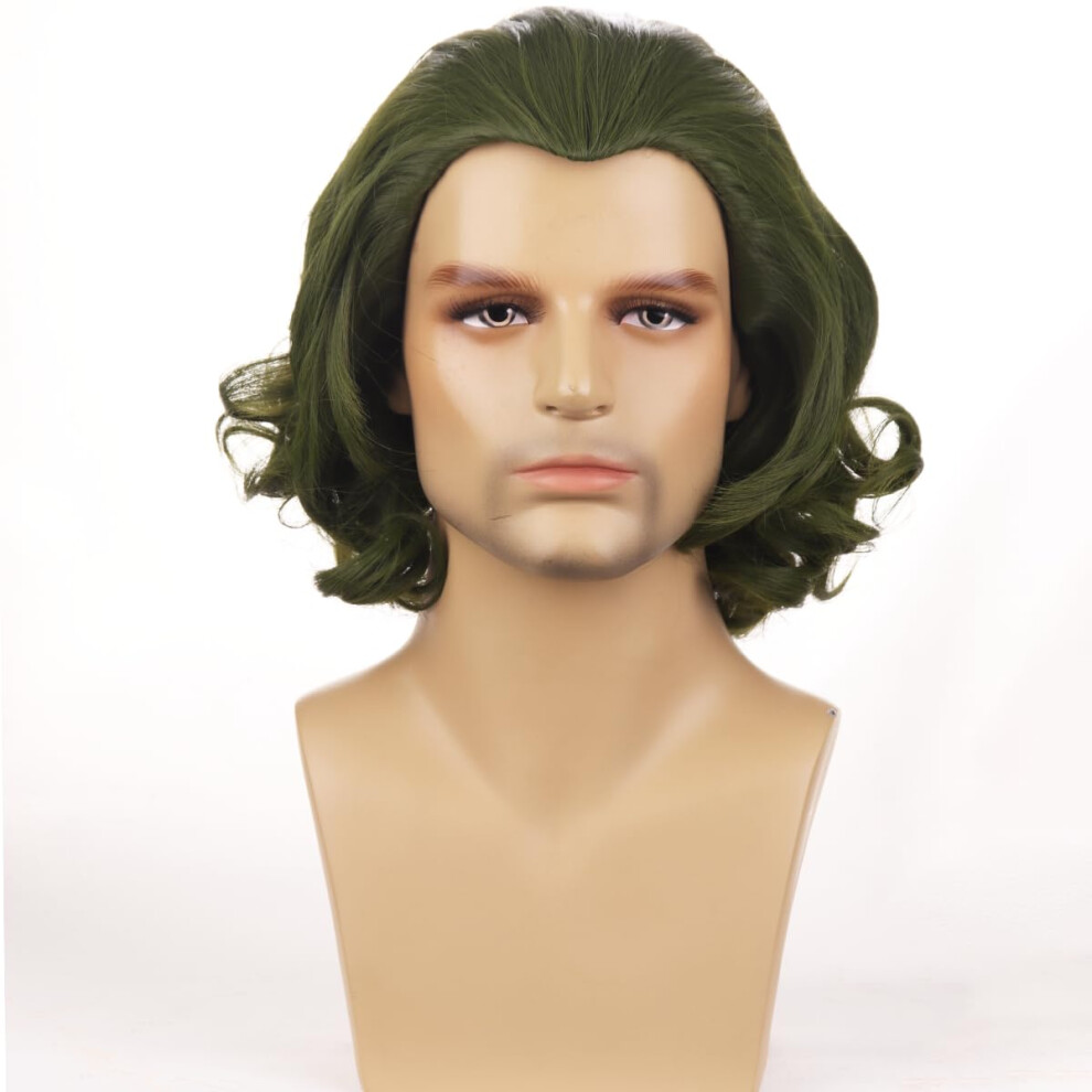 Unisex Green Cosplay Wig Short Curly Wavy Heat Resistant Synthetic Hair With Wig Cap For Men