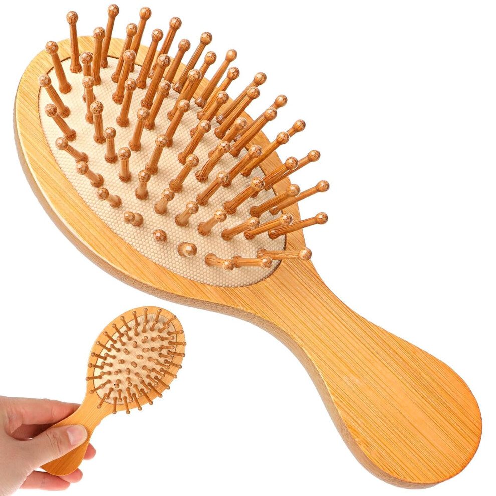 Mini Bamboo Hair Brush with Gentle Scalp Massage, Compact Travel Size Detangler for All Hair Types