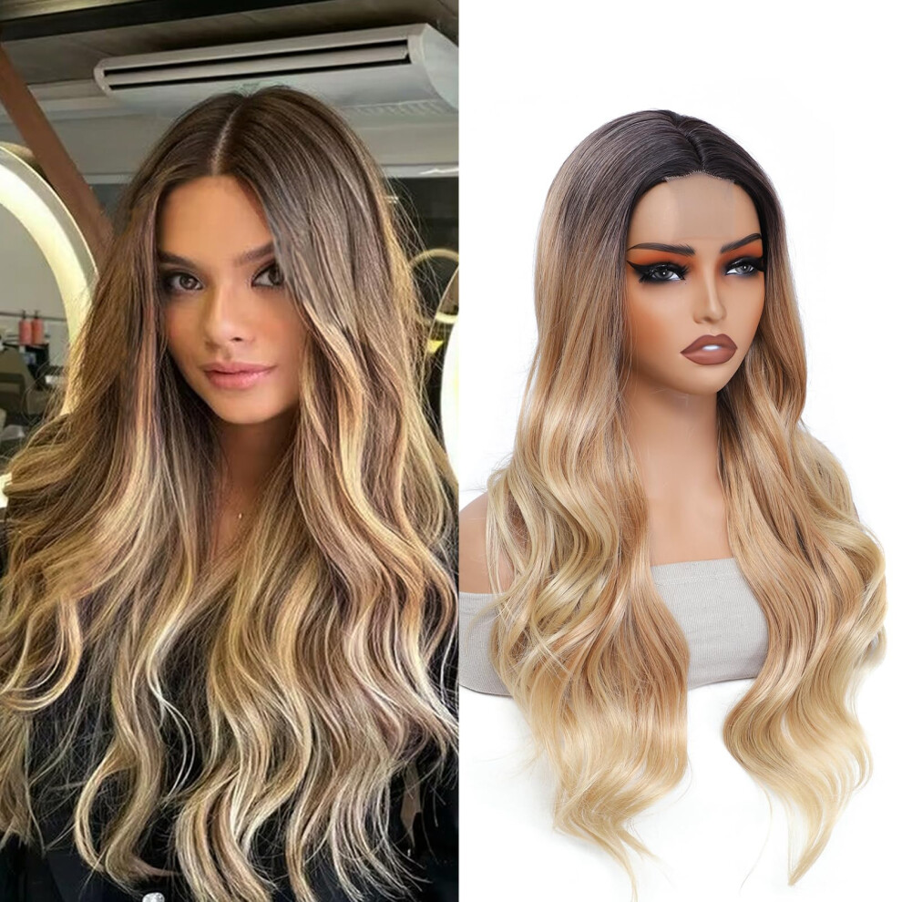 Long Ombre Wavy Synthetic Lace Front Wig 26inch Brown Blonde Handtied Heat Resistant Fiber