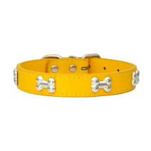 Leather Dog Collar with Bone Rivet Design, Adjustable Safety Buckle for Small and Large Dogs, Gold M