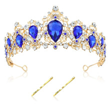 Royal Blue Crown with Sparkling Crystal Rhinestones Gold Bridal Prom Queen Tiara Headband