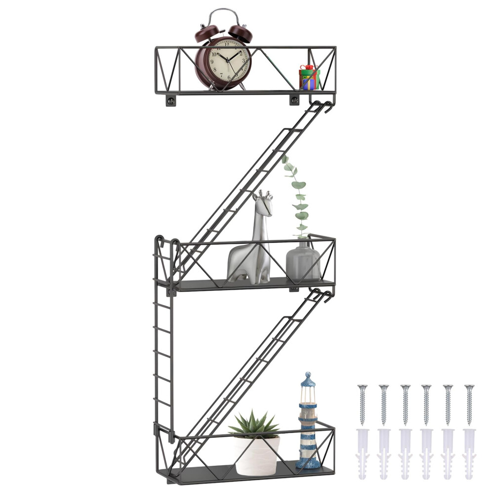 Fire Escape Wall Shelf 3 Tier Black Metal Ladder Design Industrial Floating Shelf For Living Room 9164114219275