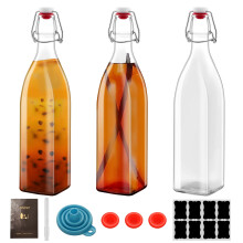 3 Pack 32oz Square Swing  Glass Bottles with Airtight Seal for Kombucha Brewing, Funnel and Labels