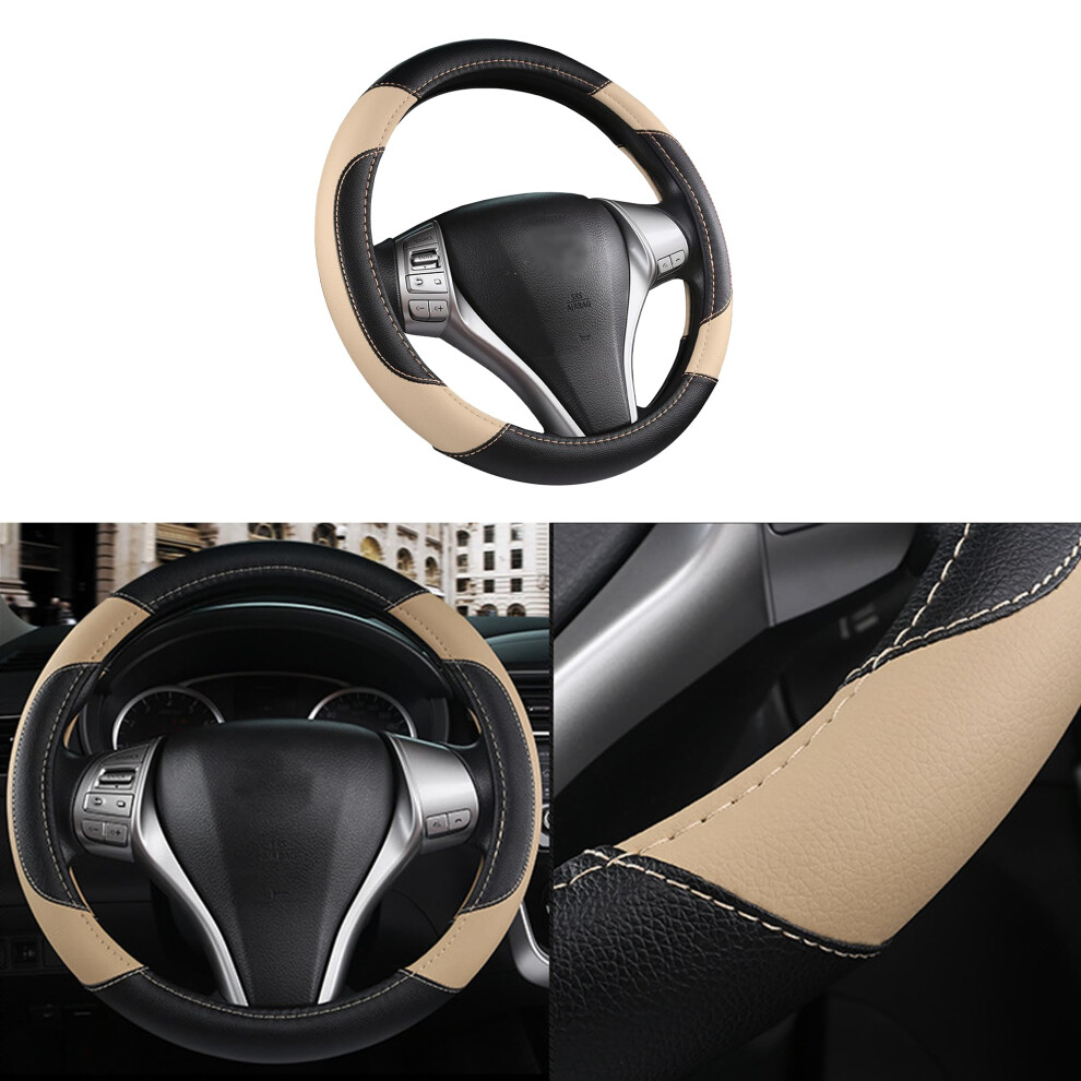 Leather Steering Wheel Cover 15 Inch Universal Antislip Breathable Protector For Cars Beige 9164114219749