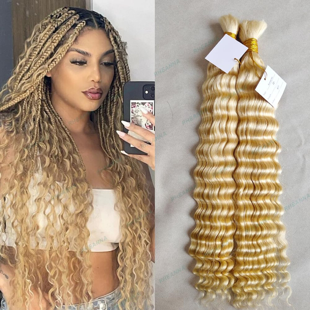 Unisex 613 Honey Blonde Deep Wave Bulk Human Hair For Braiding, 16 Inch Double Drawn Extensions