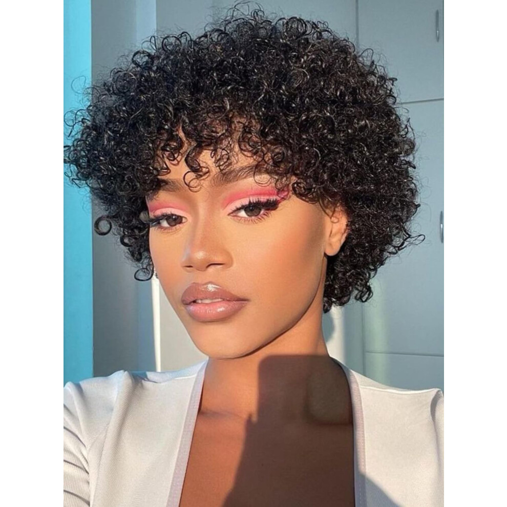 Unisex Afro Curly Human Hair Wig, 6 Inch Short Pixie Cut With Bangs, Glueless Bob For African American Women