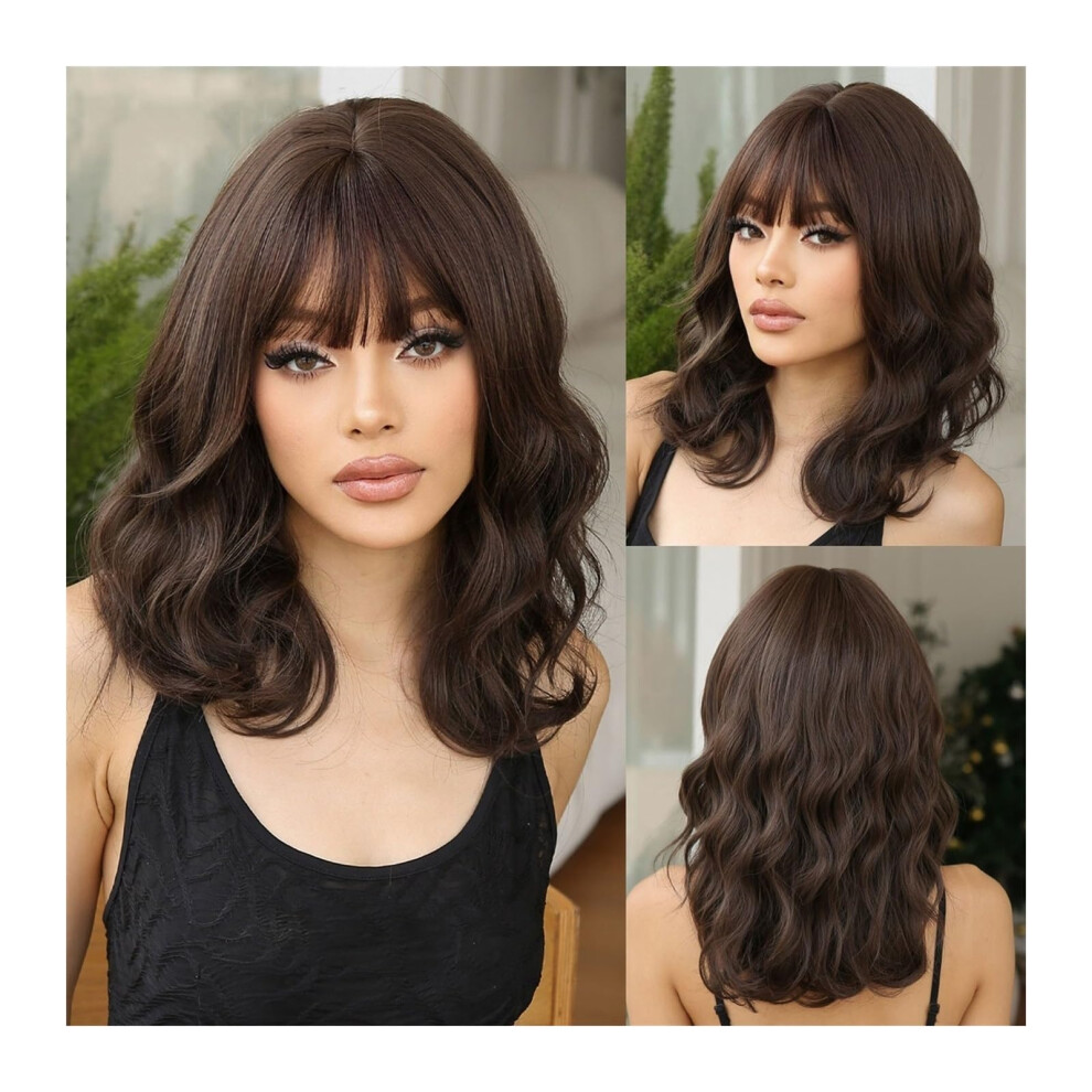 Unisex Brown Wigs For Women Dark Long Wavy Synthetic Wig With Bangs Heat Resistant Natural Hairline