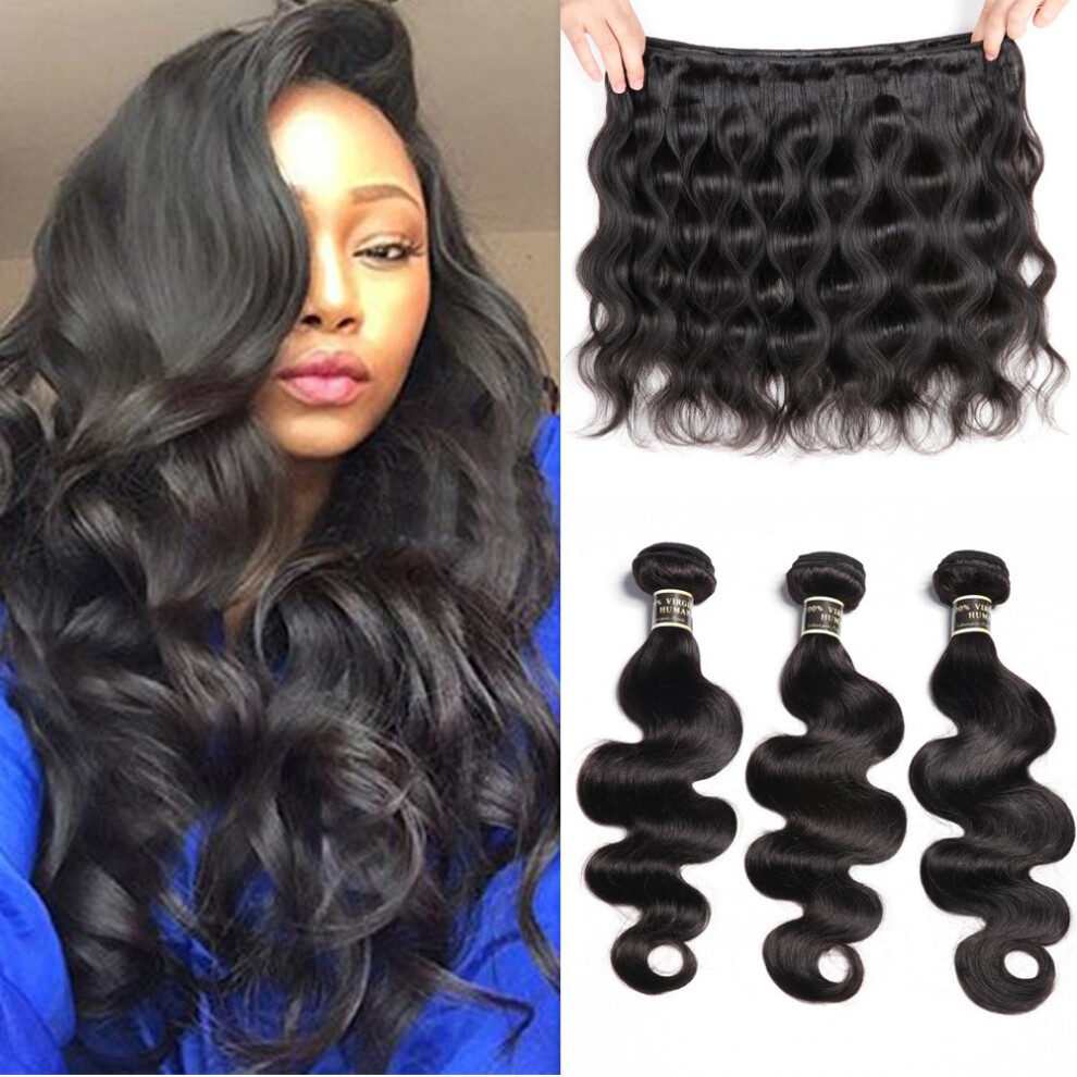 Unisex Black Brazilian Body Wave Hair Bundles With Closure, Unprocessed Virgin Human Hair Weave Natural
