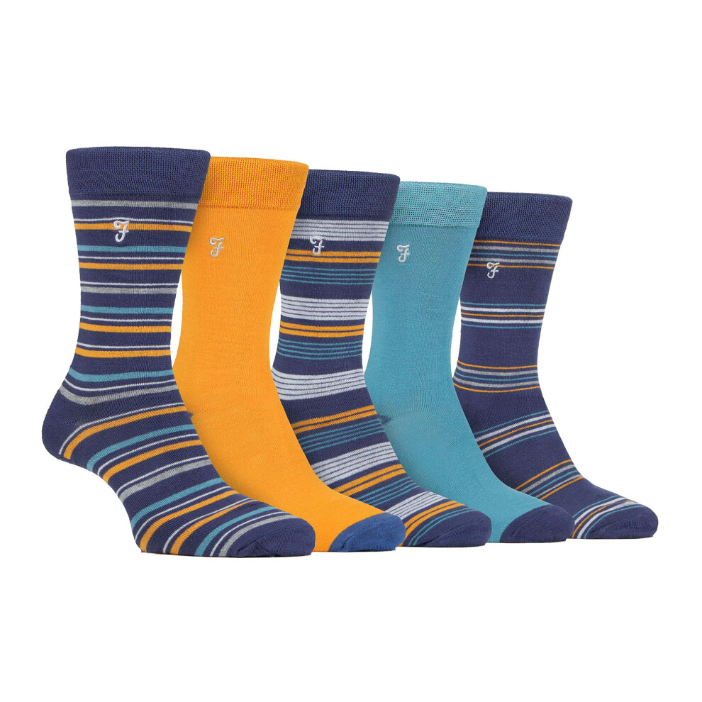 Farah (6-11, Navy / ) - 5 Pack Mens Bamboo Bright Striped Patterned Socks Blue