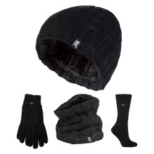(M/L, Black) Heat Holders - Ladies Thermal Winter Set - Hat, Gloves, Neckwarmer & Twist Socks