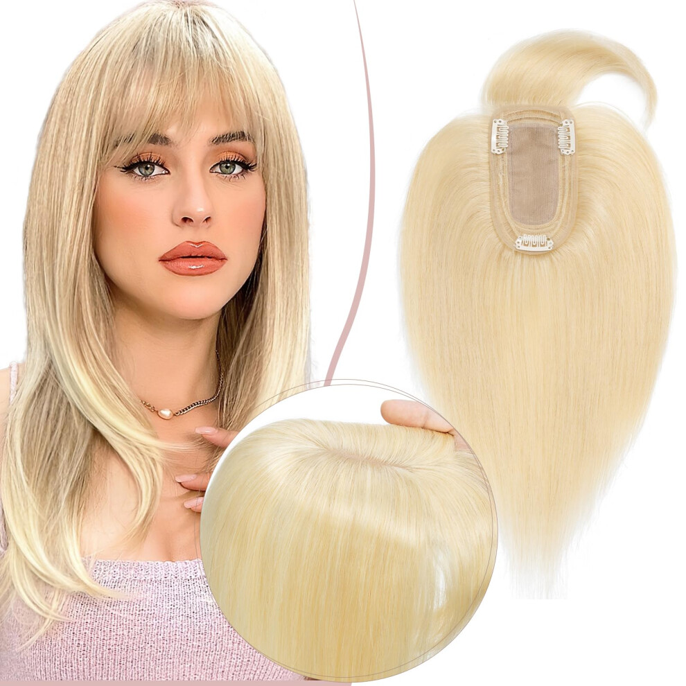 Unisex Light Blonde Human Hair Topper With Bangs For Women, Silk Lace Base Clip In, 12 Inch Volume Boost