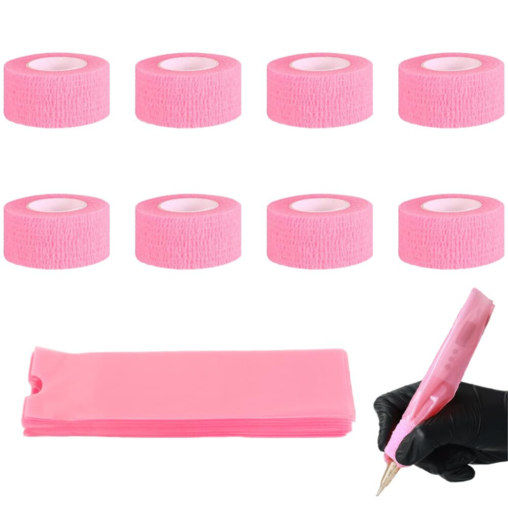 Fuashcer 200 Pcs Tattoo Pen Covers Disposable Tattoo Machine Pen Bags Pink Tattoo Pen Sleeves With 8 Rolls Tattoo Grip Wrap Tattoo Supplies For Tattoo Artist