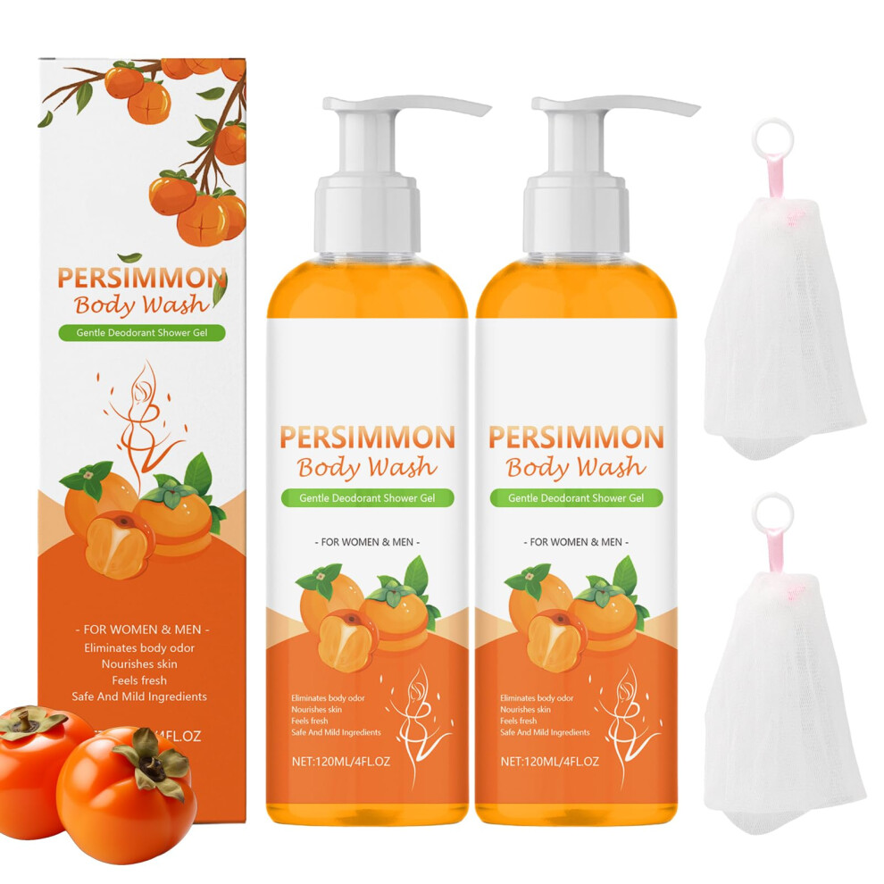 Linxins 2 Pcs Persimmon Body Wash With Foaming Net Natural Persimmon Shower Gel For Body Odor Control Deeply Cleansing And Moisturizing (120Ml*2)