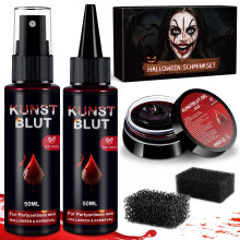Fake Blood Halloween Makeup Kit - Realistic Washable Special Effects SFX Makeup Coagulated Blood + Dripping Blood+ Spray+ Sponges For Face Mouth