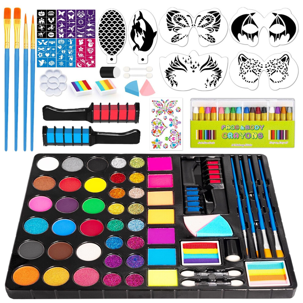 Auttoys Face Painting Kit For Kids, 51 Colors Water Based Non-Toxic Paint, With 4 Brushes, 38 Stencils, 6 Reusable Stencils, Etc. Washable Face Paints For