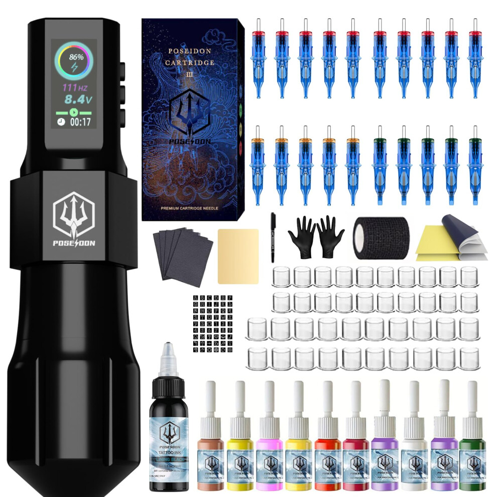 Poseidon Tattoo Gun Kit - Pen With 20Pcs Needles Cartridge And Wireless Power, Pen Kit With Digital Led Display, Tattoo Machine Tattoo Supplies For