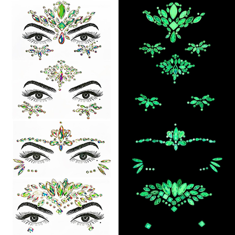 Makoto Nobu 4 Pcs Face Gems Glow In The Dark, Face Gems Glitter, Gemstone Face Stickers, Self-Adhesive Crystal Face Glitter Rhinestone Eyes Body Temporary Tattoo