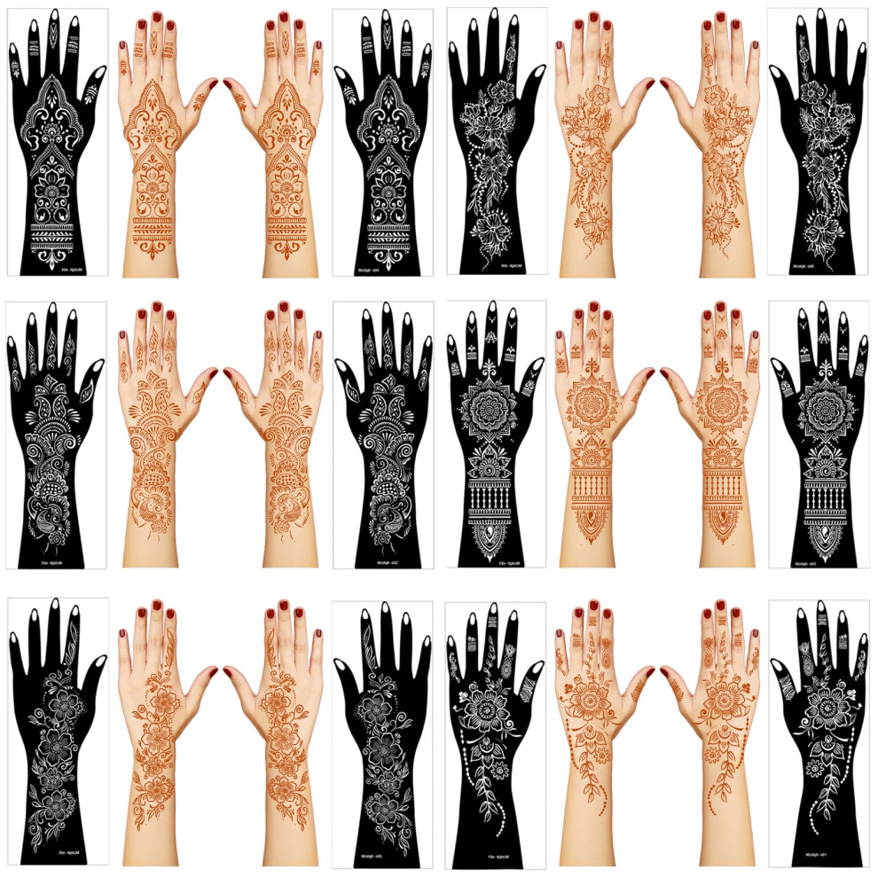 Mzstgh Henna Tattoo Stencil Kit,12 Sheets Stickers For Henna Tattoo Hand Forearm Glitter Airbrush Diy Tattooing Template, Large Indian Temporary Tattoo