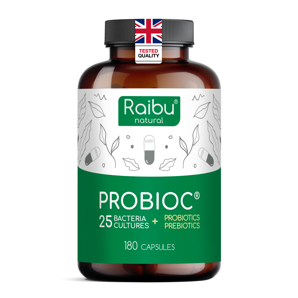 Raibu Probiotics For Gut Health - Probiotics & Prebiotics - 25 Bacterial Cultures - 180 Enteric Coated Capsules - 60 Billion Cfu - Lactobacillus