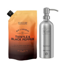 Scottish Fine Soaps Thistle & Black Pepper All In One Wash Refill 1.2ltr Pouch & Refillable Aluminium Bottle 500ml with Pump Duo