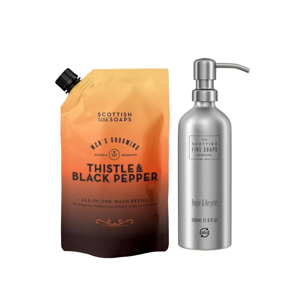 Scottish Fine Soaps Black Thistle & Pepper All In One Wash Refill 1.2Ltr Pouch & Refillable Aluminium Bottle 500Ml With Pump Duo