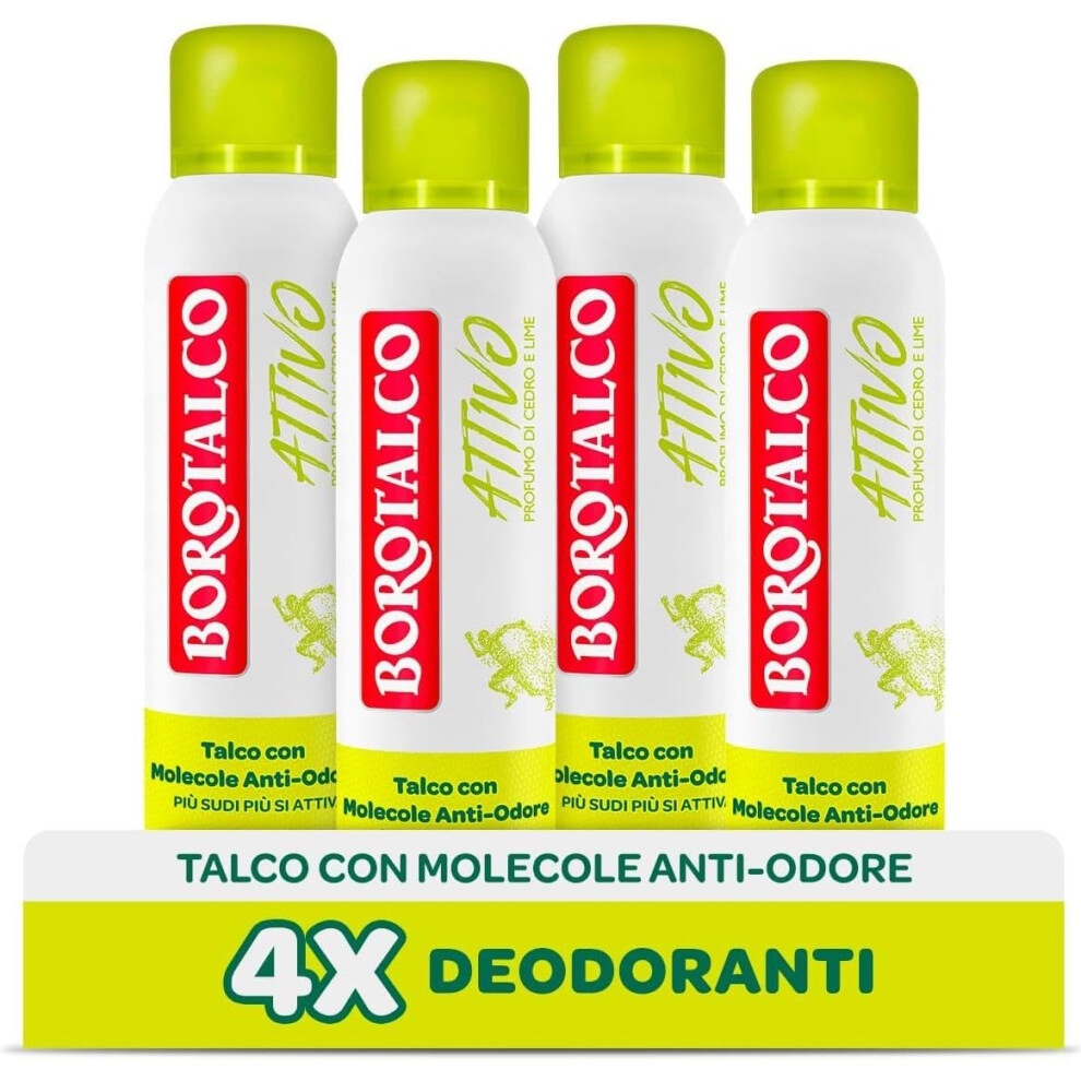 Borotalco Yellow Active Deodorant Spray Talc With Odour-Inhibiting Molecules, Fresh Effectiveness, 48-Hour Effectiveness, Alcohol-Free, Fragrance Of