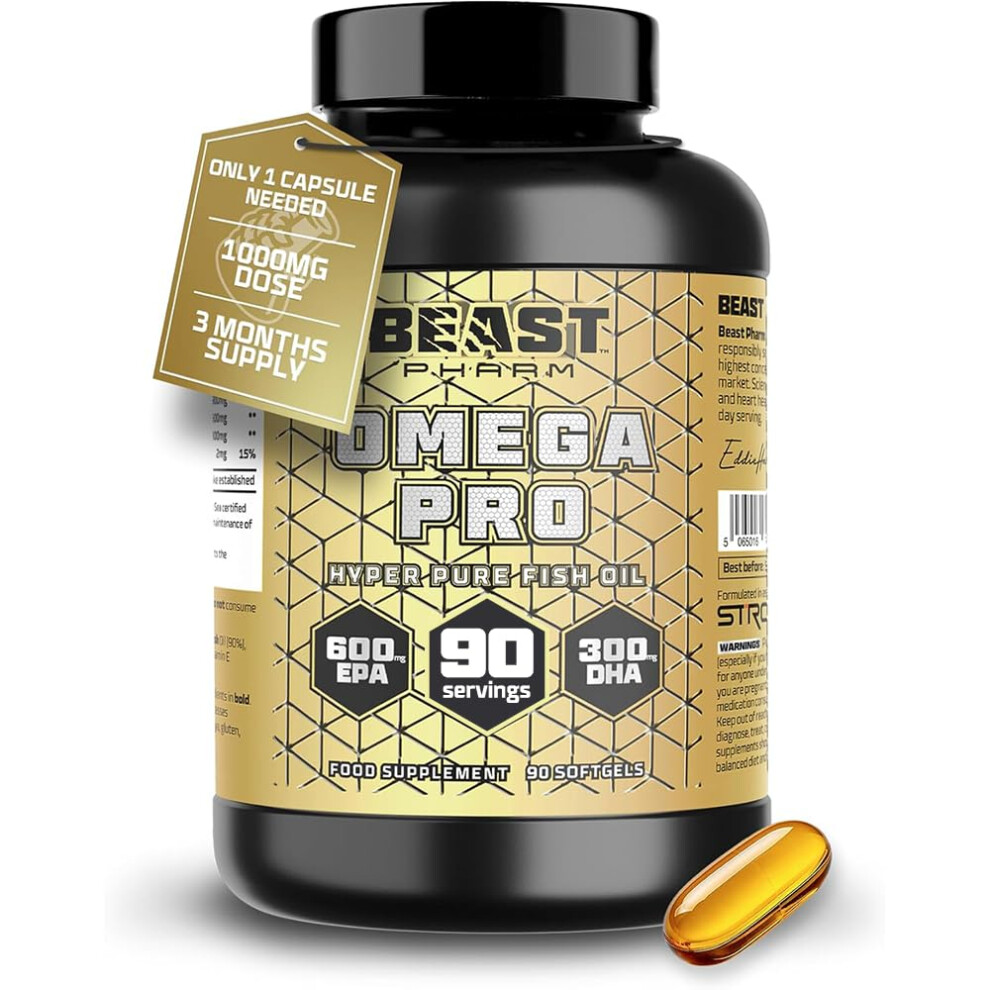Beast Pharm Omega 3 Capsules High Strength 1000Mg Per Capsule - 90 Softgels, 3 Month Supply - Omega 3 Fish Oil Triple Strength Supplements 600Mg Epa,