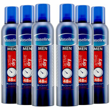 6 Pack of 250ml Vaseline Men ProDerma 48h Active Dry Antiperspirant Deodorant with 0% Alcohol