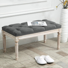 Vintage Ottoman Tufted Foot Stool with Rustic Wood Legs Gray Linen for Living Room or Bedroom