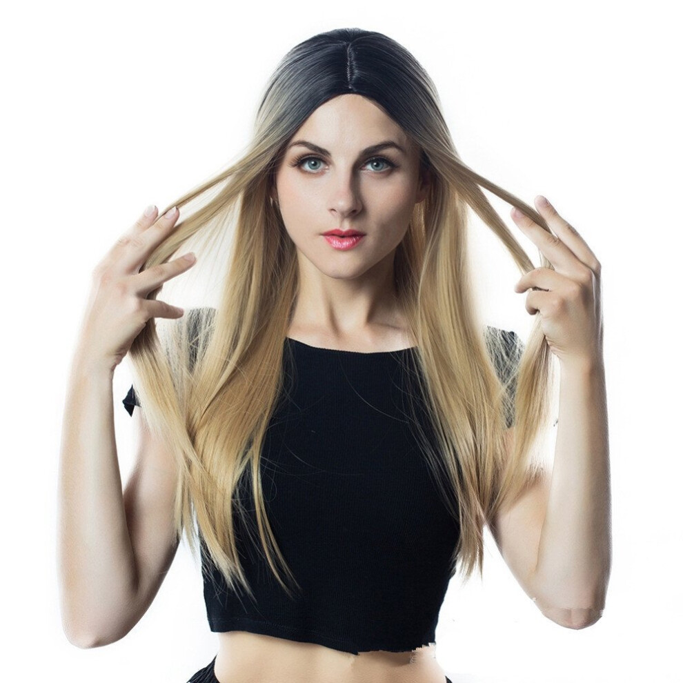 Long Straight Wig Black Gold Gradient Synthetic Hair with Natural Hairline and Breathable Cap