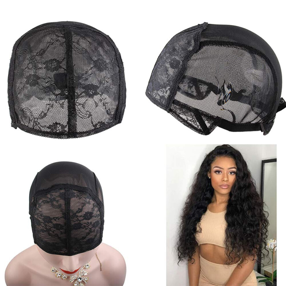 Unisex Black 2Pcs Elastic Dome Wig Caps With Adjustable Strap, Breathable Double Lace For Diy Wig Making