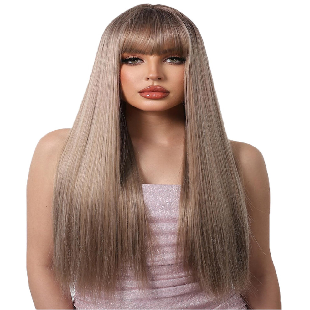 Women's Wavy Long Wig with Bangs Champagne Brown Middle Part Synthetic Hair for Daily Wear