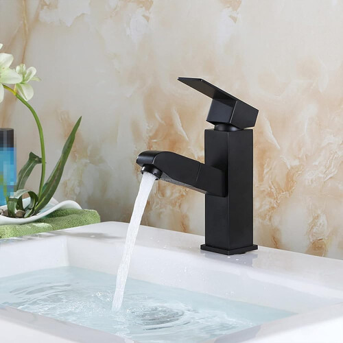 Bathroom Sink Faucet with Pull Down Spout, Single Handle Hot and Cold Mixer, Matte Black B 1