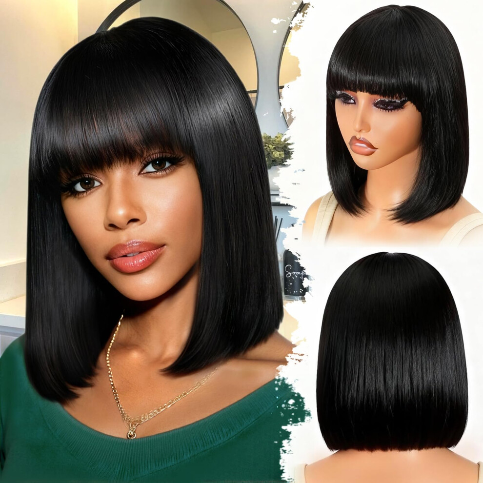 14 Inch Bob Wig with Bangs Human Hair Glueless 150 Density Natural Look for Black Women