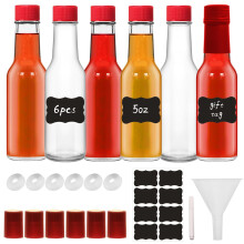 6Pcs 5oz Clear Glass Woozy Bottles with Black Caps and Shrink Capsules for Sauce or Drinks
