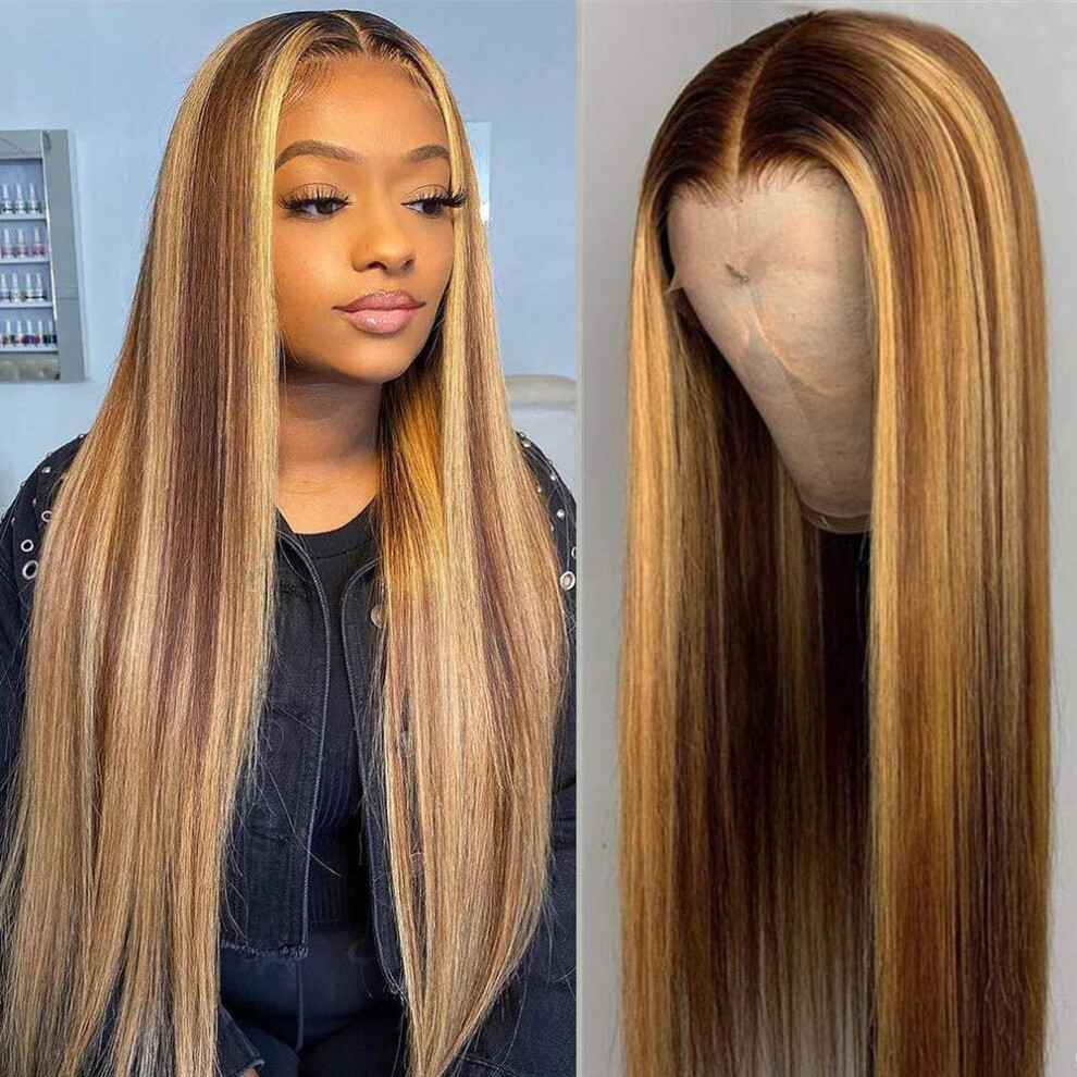 Unisex Ombre Highlight 4/27 Brazilian Virgin Human Hair Lace Front Wig 18In T Part Pre Plucked Natural Hairline