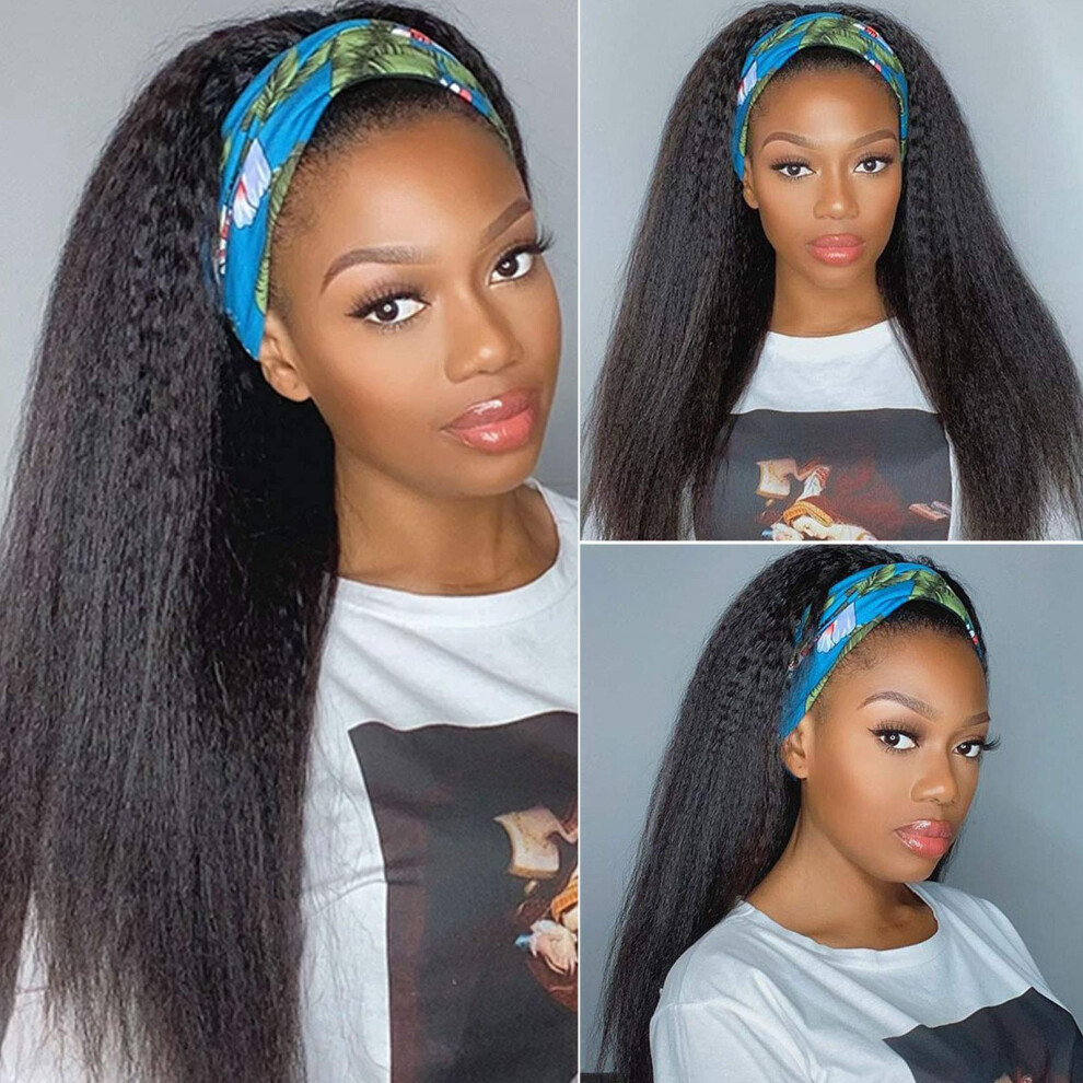 Unisex Black 14 Inch Kinky Straight Headband Wig Human Hair Brazilian Virgin Natural Glue