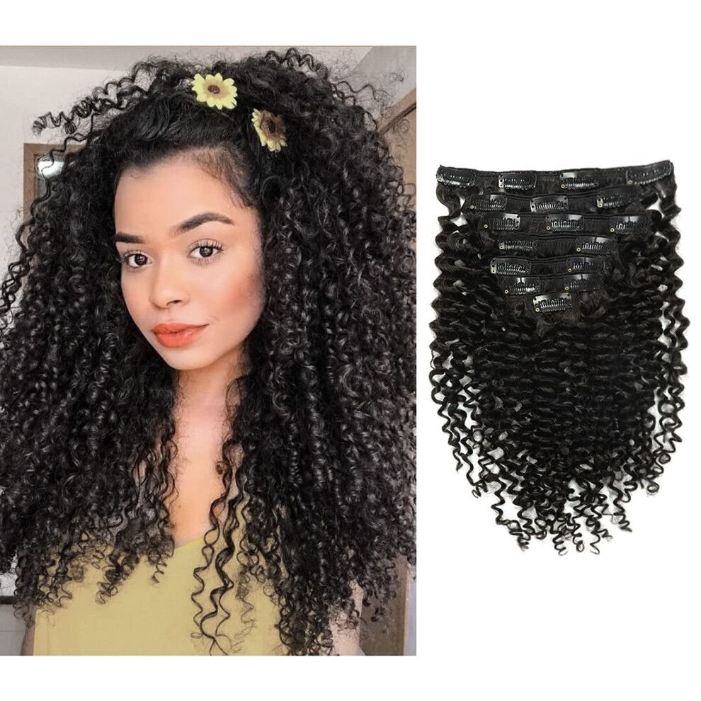 Unisex Black Human Hair Extensions Clip In Off Jerry Curly 3B 3C Double Weft 20 Inch 17 Clips